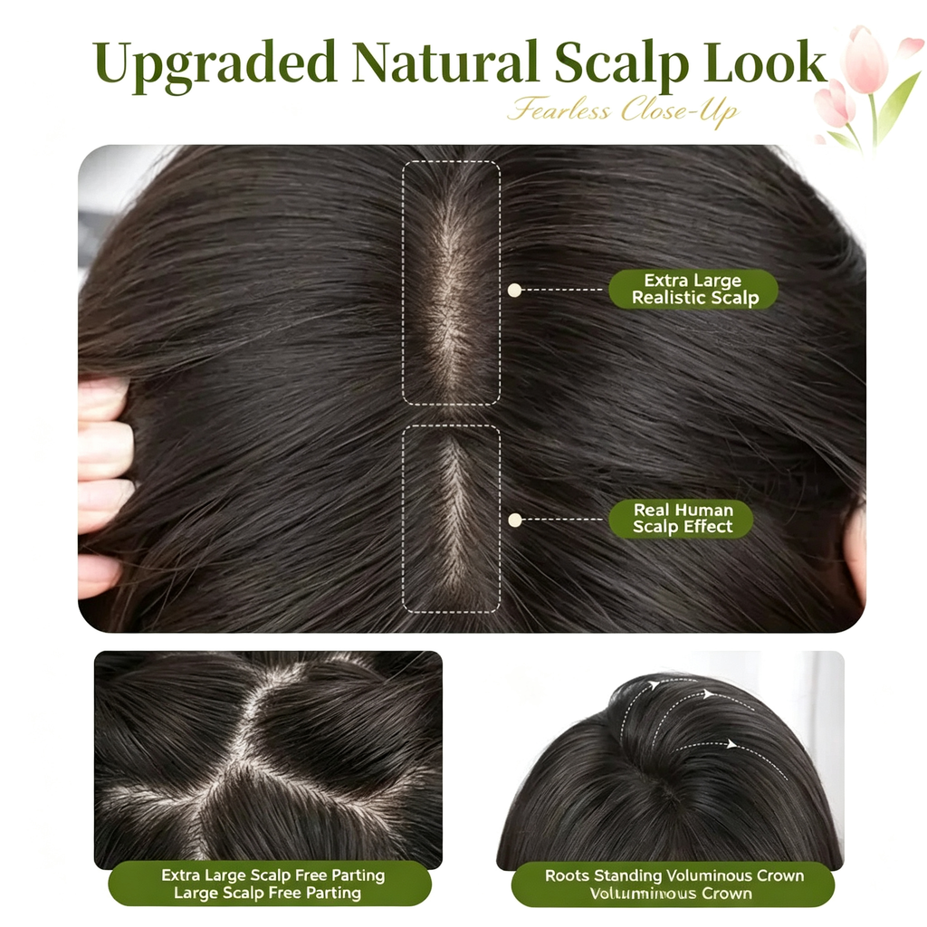 Clip In Hair Topper Wig Cool Brown - Big Wavy Voluminous Crown - Upgraded Protein Fiber 55cm No Hair Net Needed