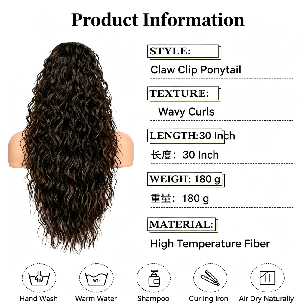 Curly Ponytail Extension with Claw Clip - Water Wave Long Curly Hairpiece - Natural Black Synthetic Hair for Women