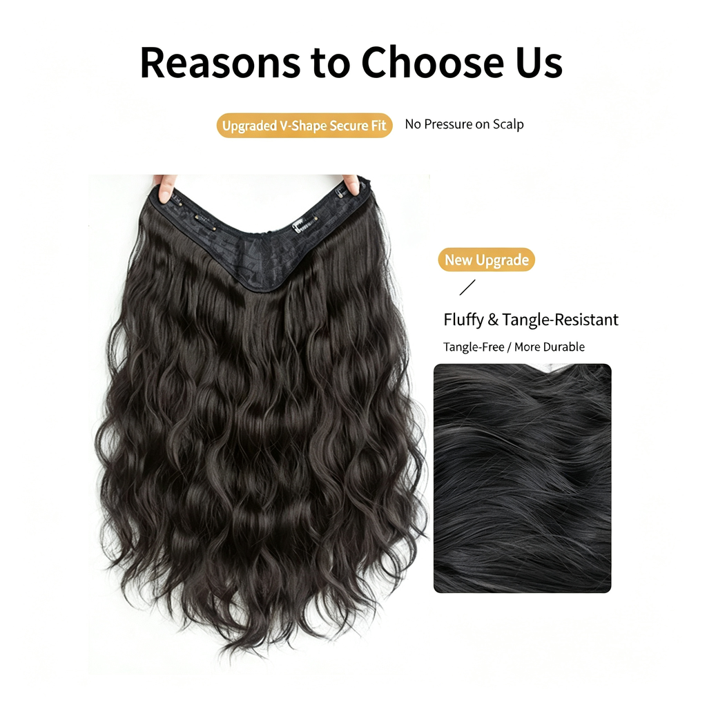 V-Shape Halo Hair Extensions - Atmospheric Wavy Texture - 60cm Synthetic Hairpiece for Women