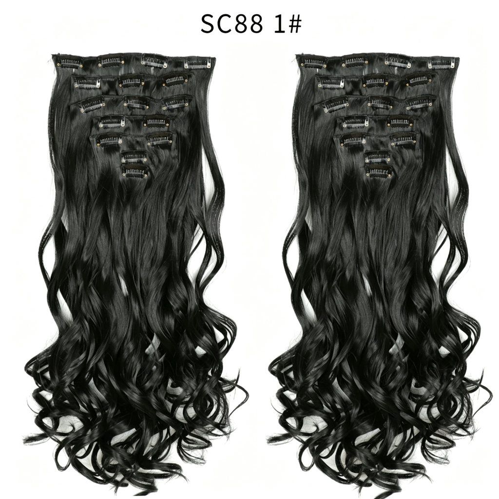 Clip in Hair Extensions Full Head Set - Big Wavy Curly Synthetic Hair - Jet Black 1# for Women