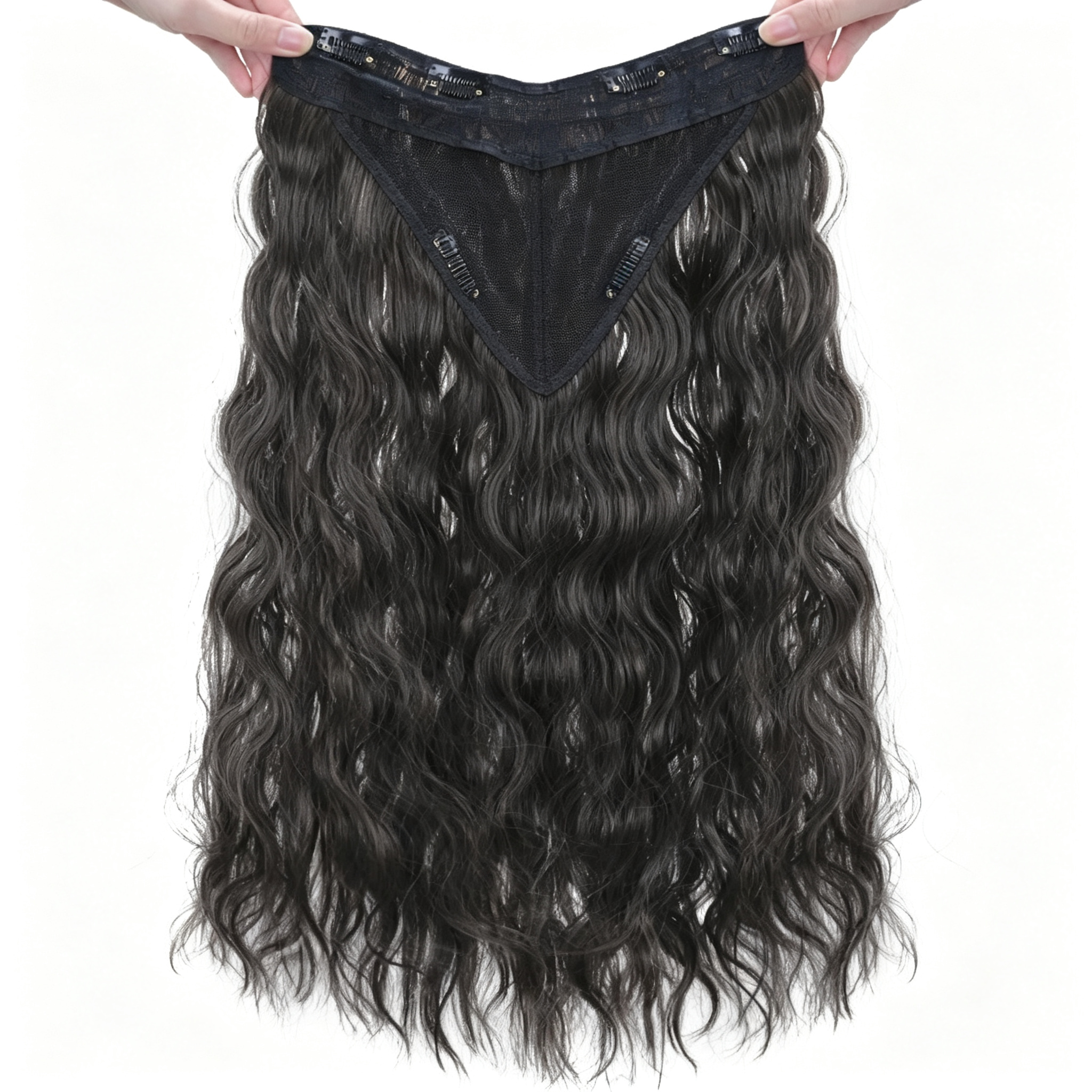 Wrap Around Clip in Hair Extensions - Long Water Wave Curly Hairpiece - Natural Black Synthetic Hair for Thick Volume