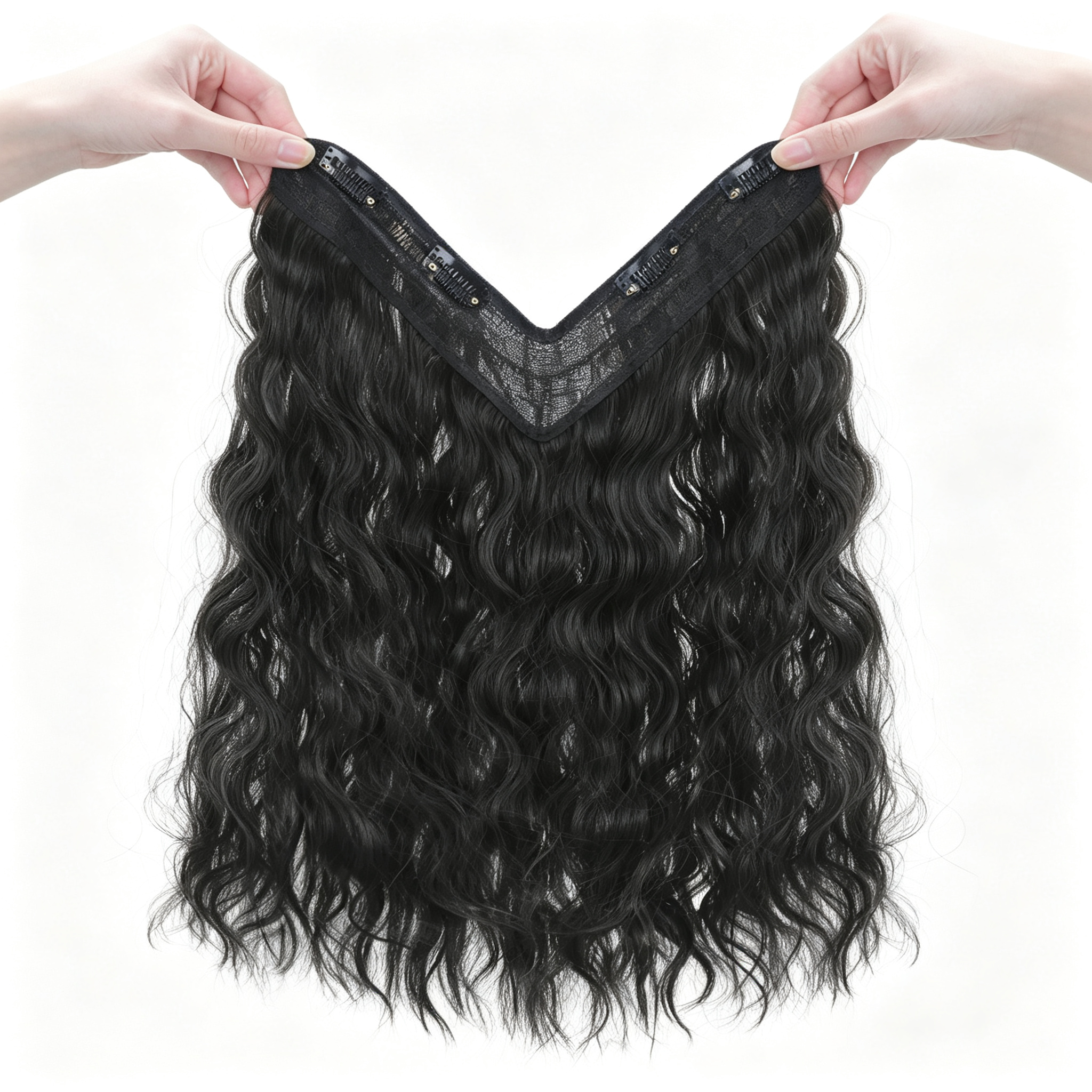 Wrap Around Clip in Hair Extensions - Long Water Wave Curly Hairpiece - Natural Black Synthetic Hair for Thick Volume