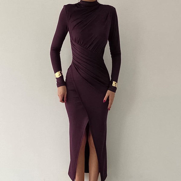 Yj24388 Autumn 2024 New Style Fashion Style Mid-High Collar Pleated Slit Slim Long-Sleeved Dress For Women