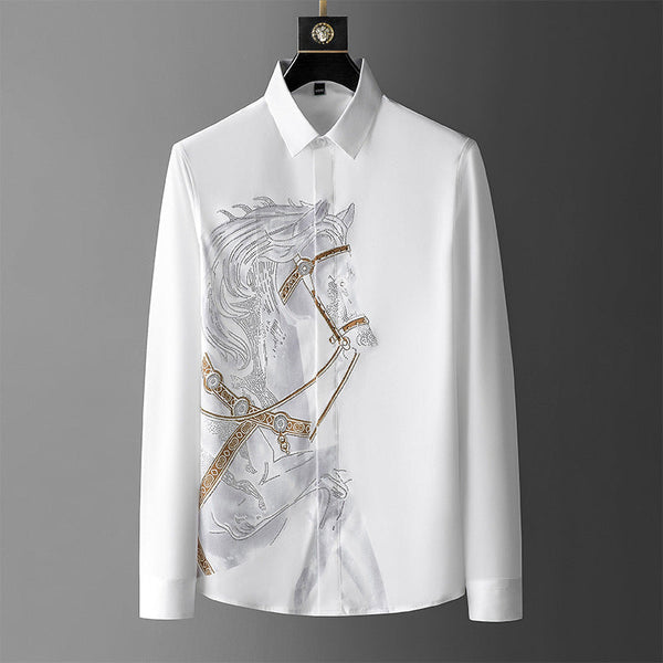 Trendy Brand Men'S Shirt Long-Sleeved Printed Perm Diamond Shirt Men'S Slim Fit No-Iron Anti-Wrinkle Shirt Men'S One Piece Drop Shipping