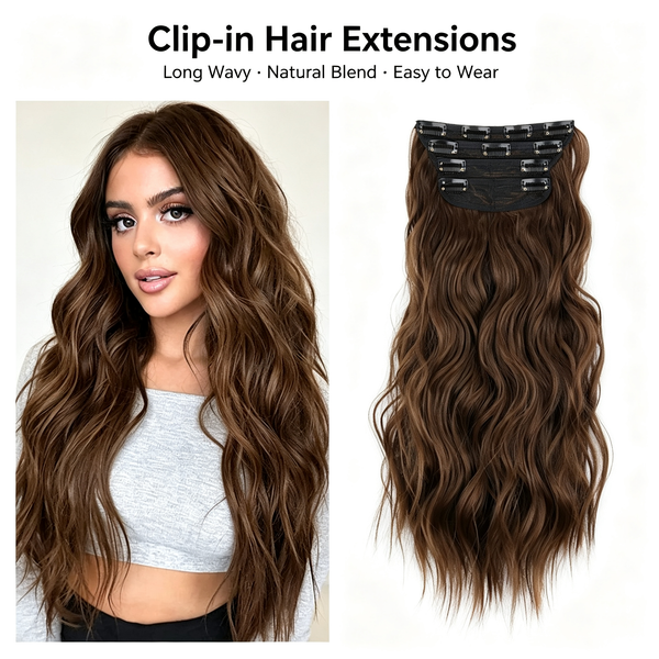 Water Wave Clip in Hair Extensions - Long Body Wave Synthetic Hairpiece - Natural Looking False Hair for Women