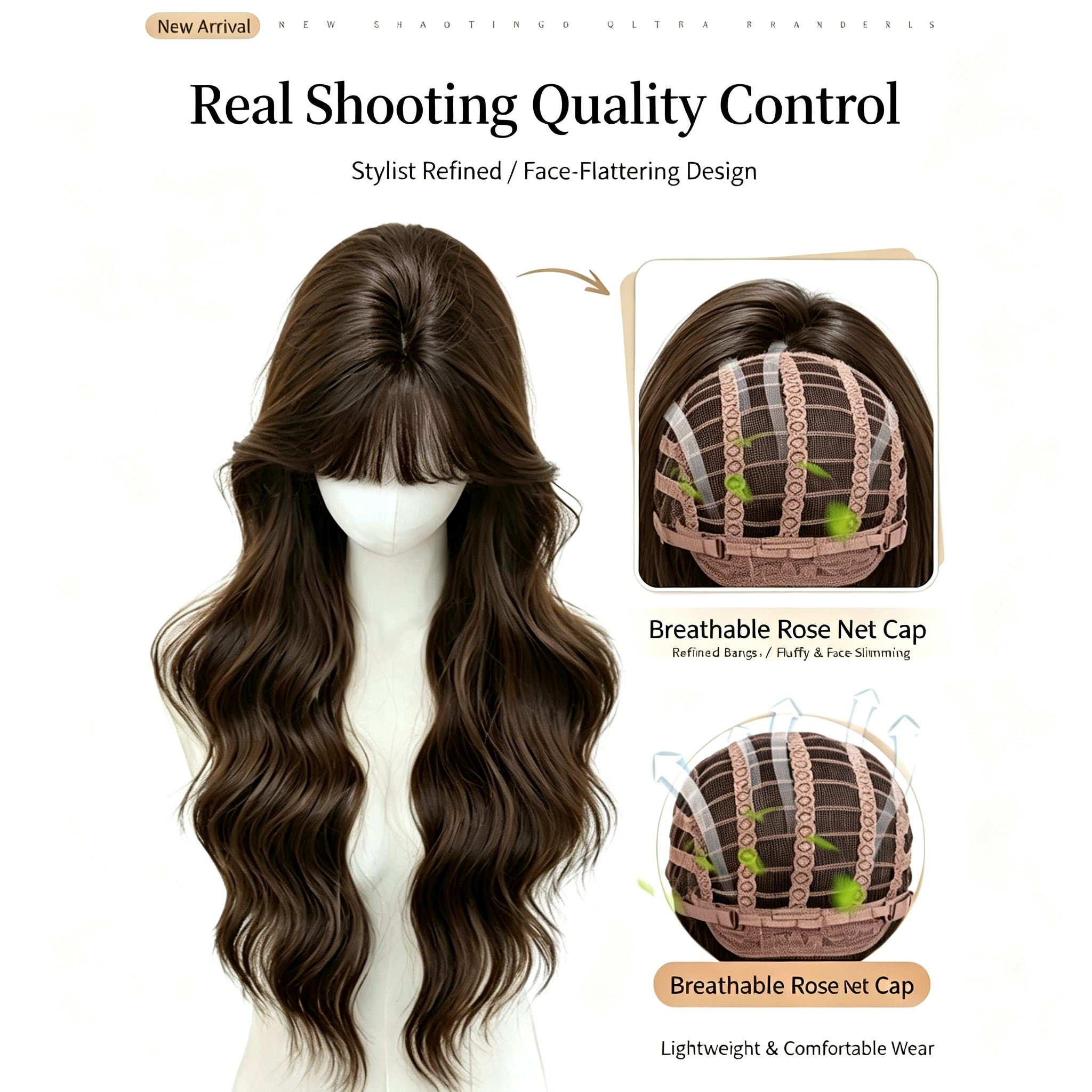 Korean Style Long Wavy Wig with Bangs - Water Wave Synthetic Hair - Breathable Rose Net Cap Dark Brown Wig for Women