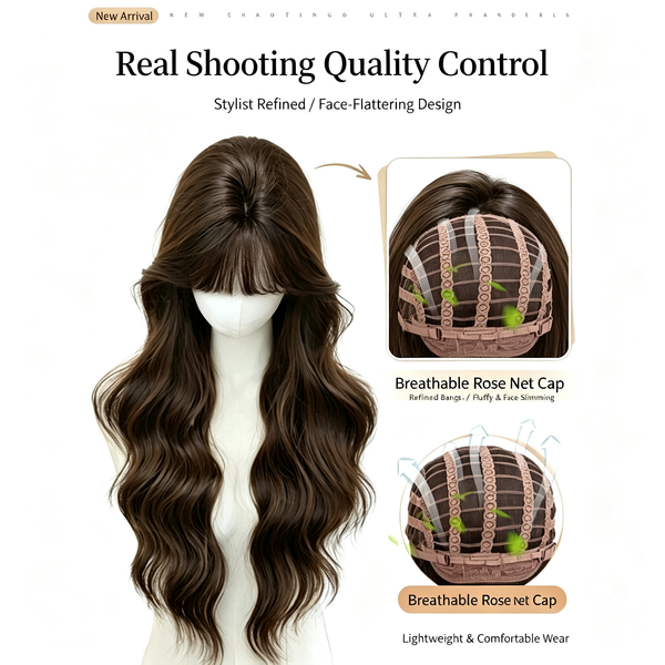 Korean Style Long Wavy Wig with Bangs - Water Wave Synthetic Hair - Breathable Rose Net Cap Dark Brown Wig for Women