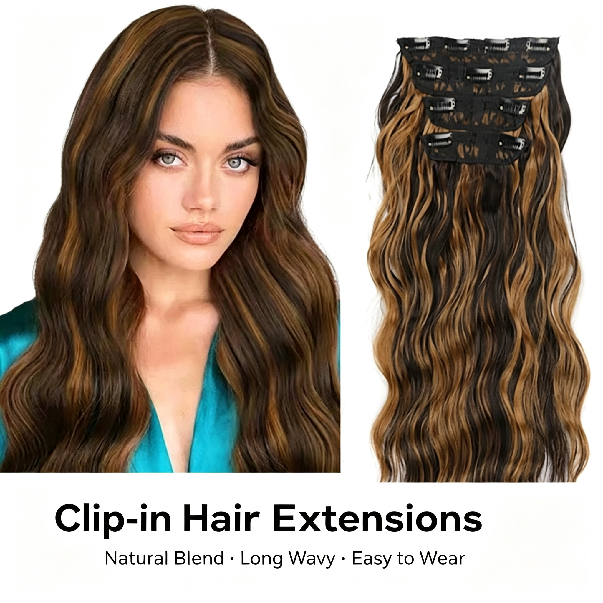 Water Wave Hair Extensions Set of 4 - Long Wavy Synthetic Hairpieces - Easy Clip-On for Daily Wear & Party
