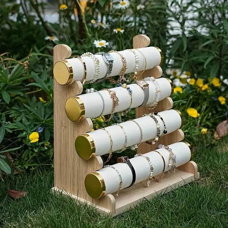 bamboo 4 layer jewelry display tower detachable multi tiered